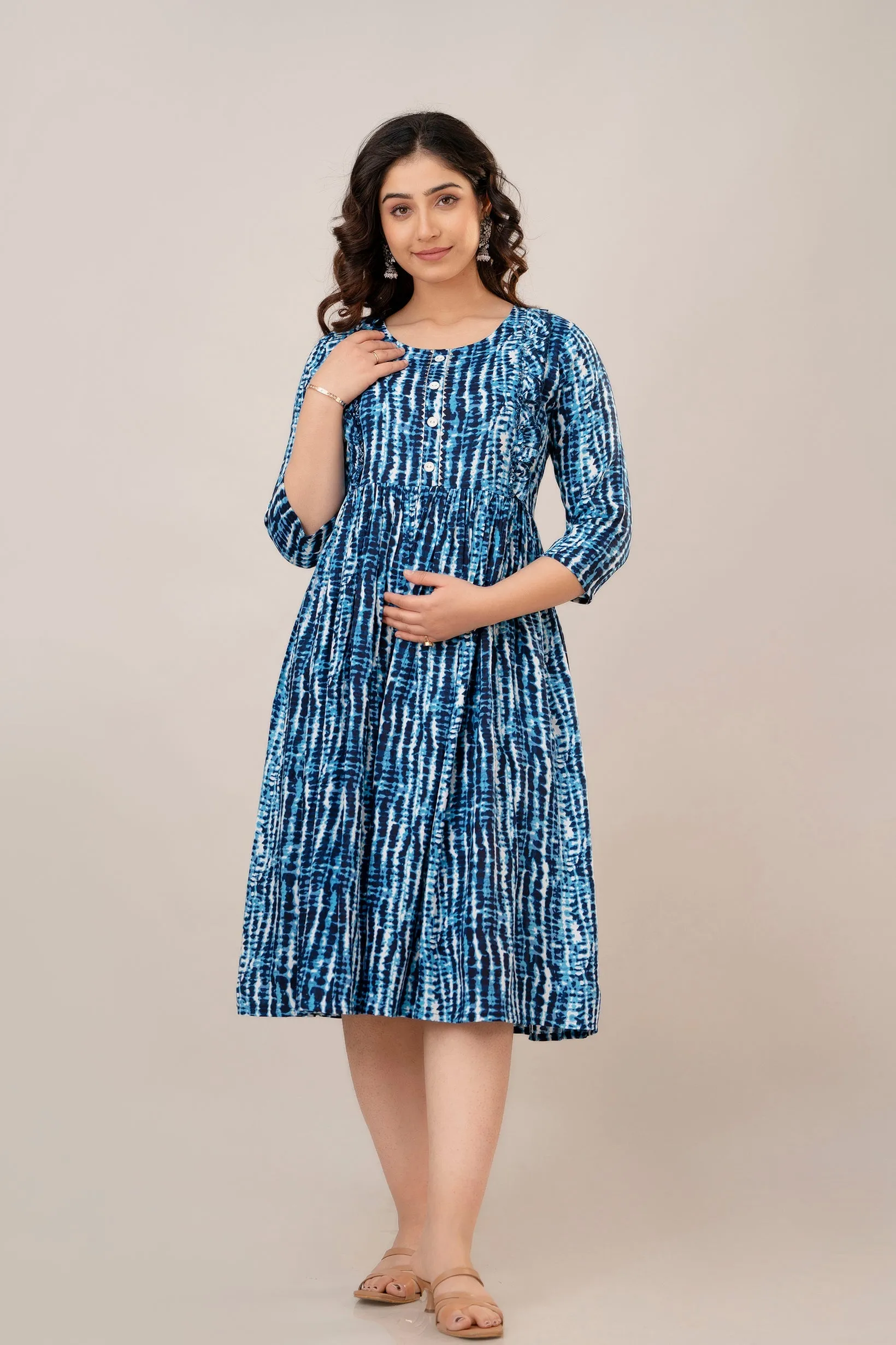 Indigo Rayon Shibori Tie-Dye Print Maternity Dress
