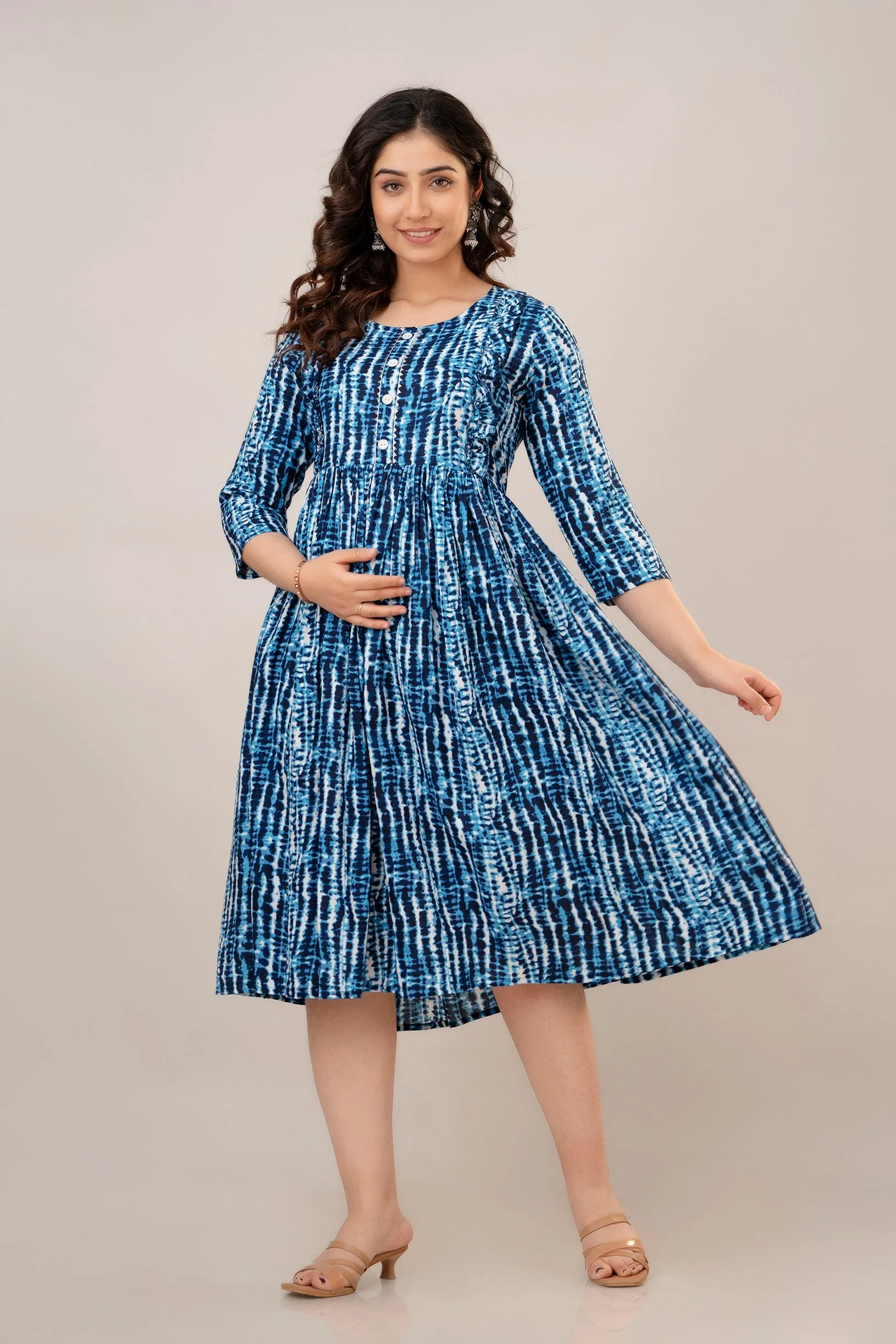 Indigo Rayon Shibori Tie-Dye Print Maternity Dress