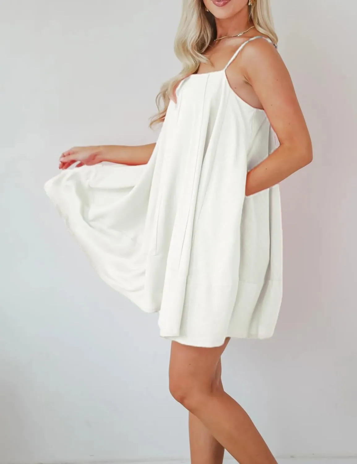 InterNos Womens Summer Flowy Mini Dress Spaghetti Straps Dress A-Line Back Buttons Sundresses with Pockets