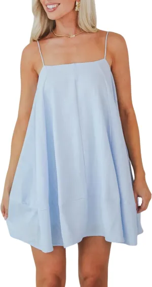 InterNos Womens Summer Flowy Mini Dress Spaghetti Straps Dress A-Line Back Buttons Sundresses with Pockets
