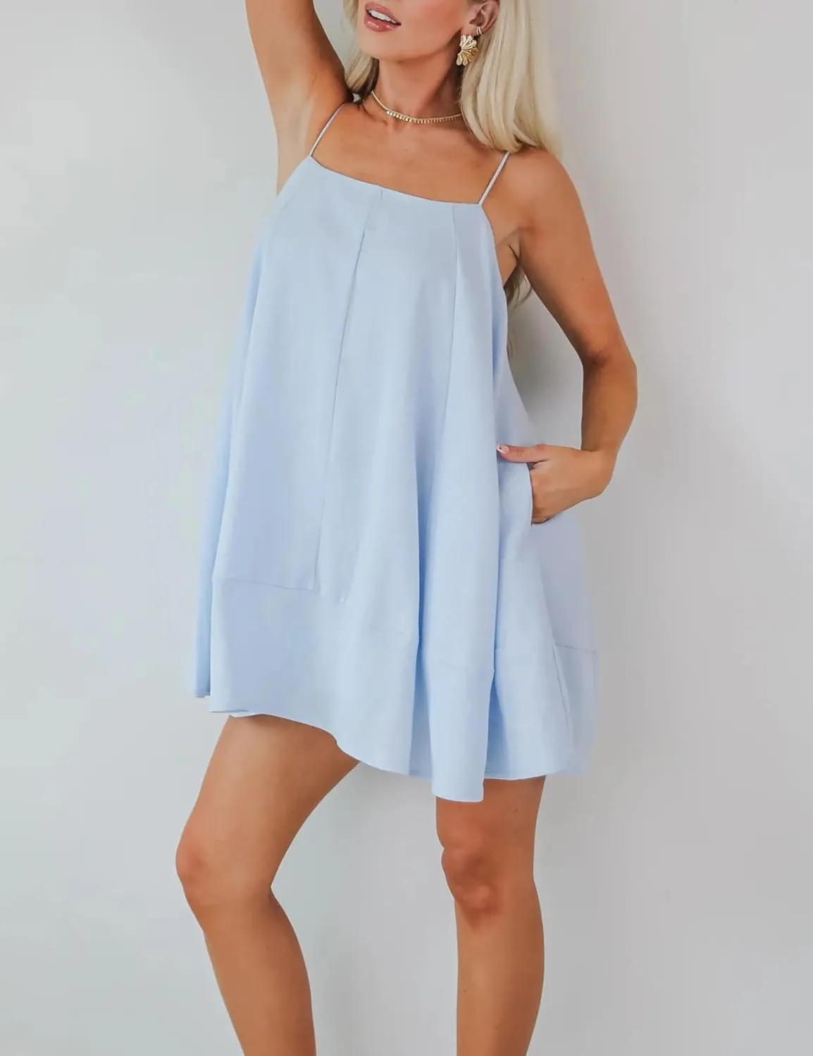 InterNos Womens Summer Flowy Mini Dress Spaghetti Straps Dress A-Line Back Buttons Sundresses with Pockets