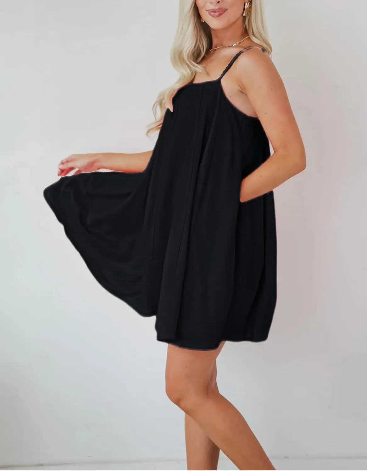 InterNos Womens Summer Flowy Mini Dress Spaghetti Straps Dress A-Line Back Buttons Sundresses with Pockets