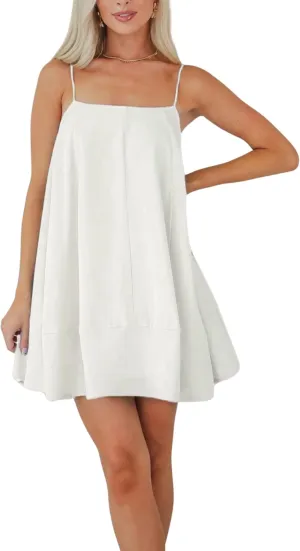 InterNos Womens Summer Flowy Mini Dress Spaghetti Straps Dress A-Line Back Buttons Sundresses with Pockets