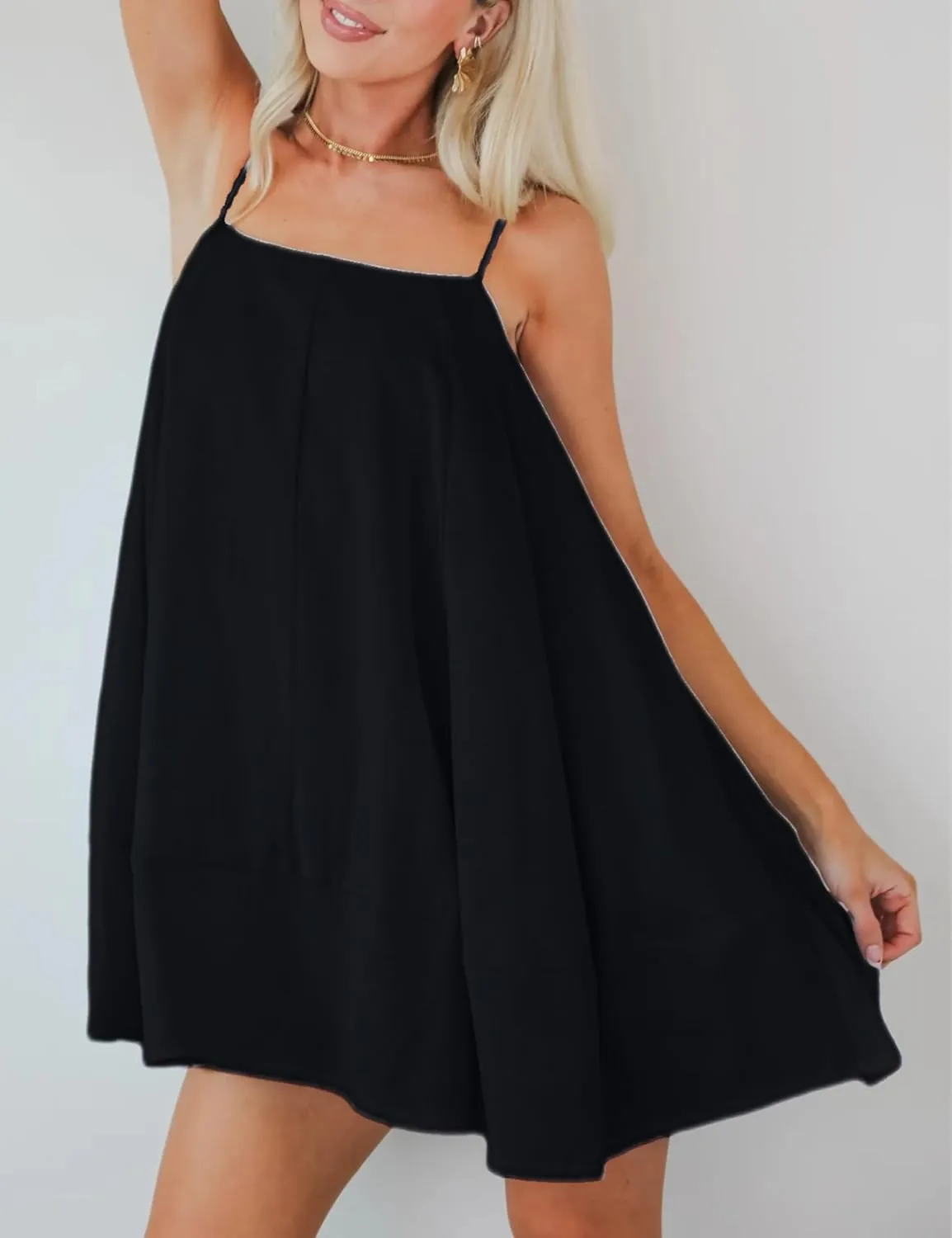InterNos Womens Summer Flowy Mini Dress Spaghetti Straps Dress A-Line Back Buttons Sundresses with Pockets