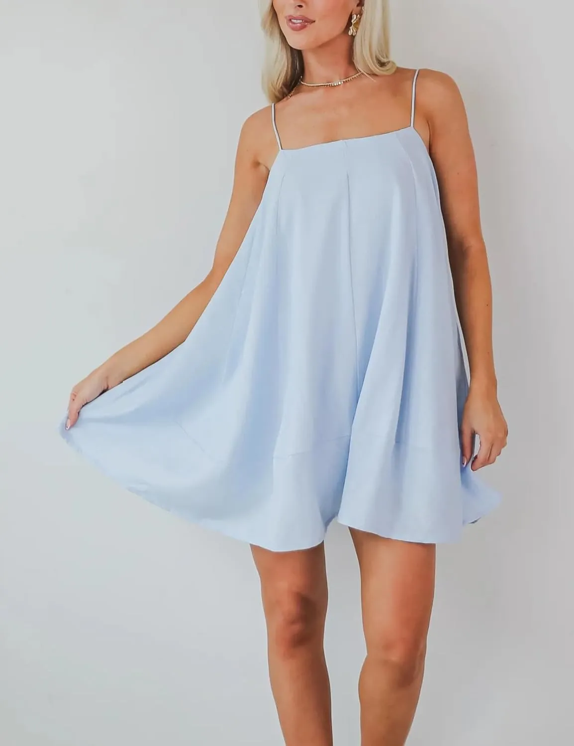 InterNos Womens Summer Flowy Mini Dress Spaghetti Straps Dress A-Line Back Buttons Sundresses with Pockets