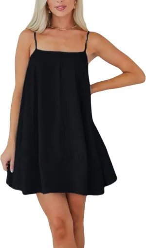 InterNos Womens Summer Flowy Mini Dress Spaghetti Straps Dress A-Line Back Buttons Sundresses with Pockets