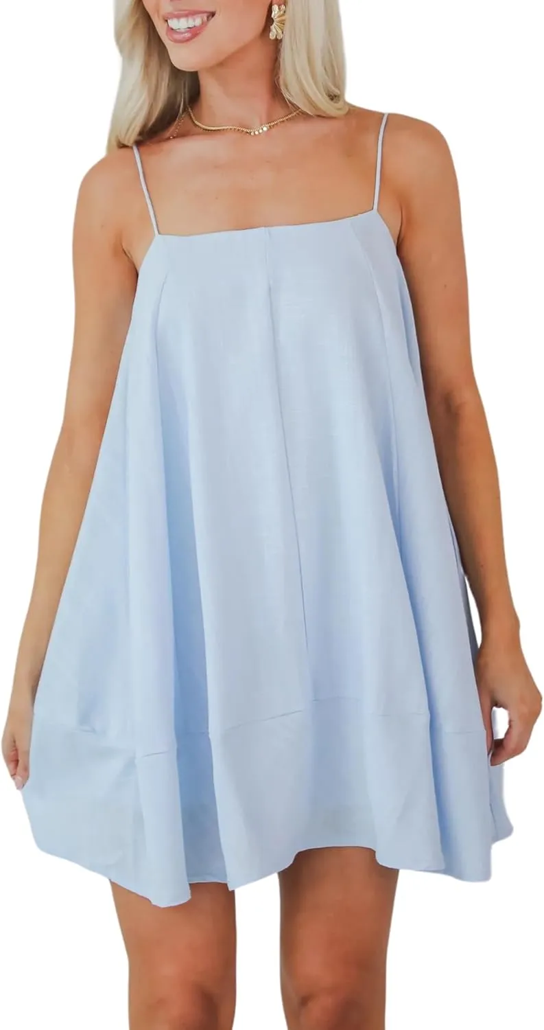 InterNos Womens Summer Flowy Mini Dress Spaghetti Straps Dress A-Line Back Buttons Sundresses with Pockets