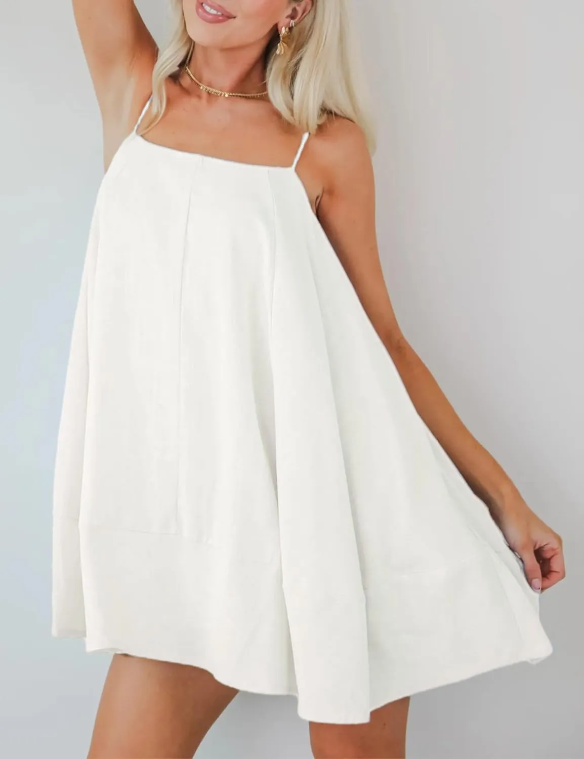 InterNos Womens Summer Flowy Mini Dress Spaghetti Straps Dress A-Line Back Buttons Sundresses with Pockets