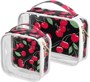Joko Ivery Leaves Cherry 2 Pieces Clear Makeup Cosmetic Toiletry Bags for Women Men PVC Waterproof Portable Travel Storage Carry Pouch with Gold Zippers Plastic Tote Bags for Bathroom Organizing