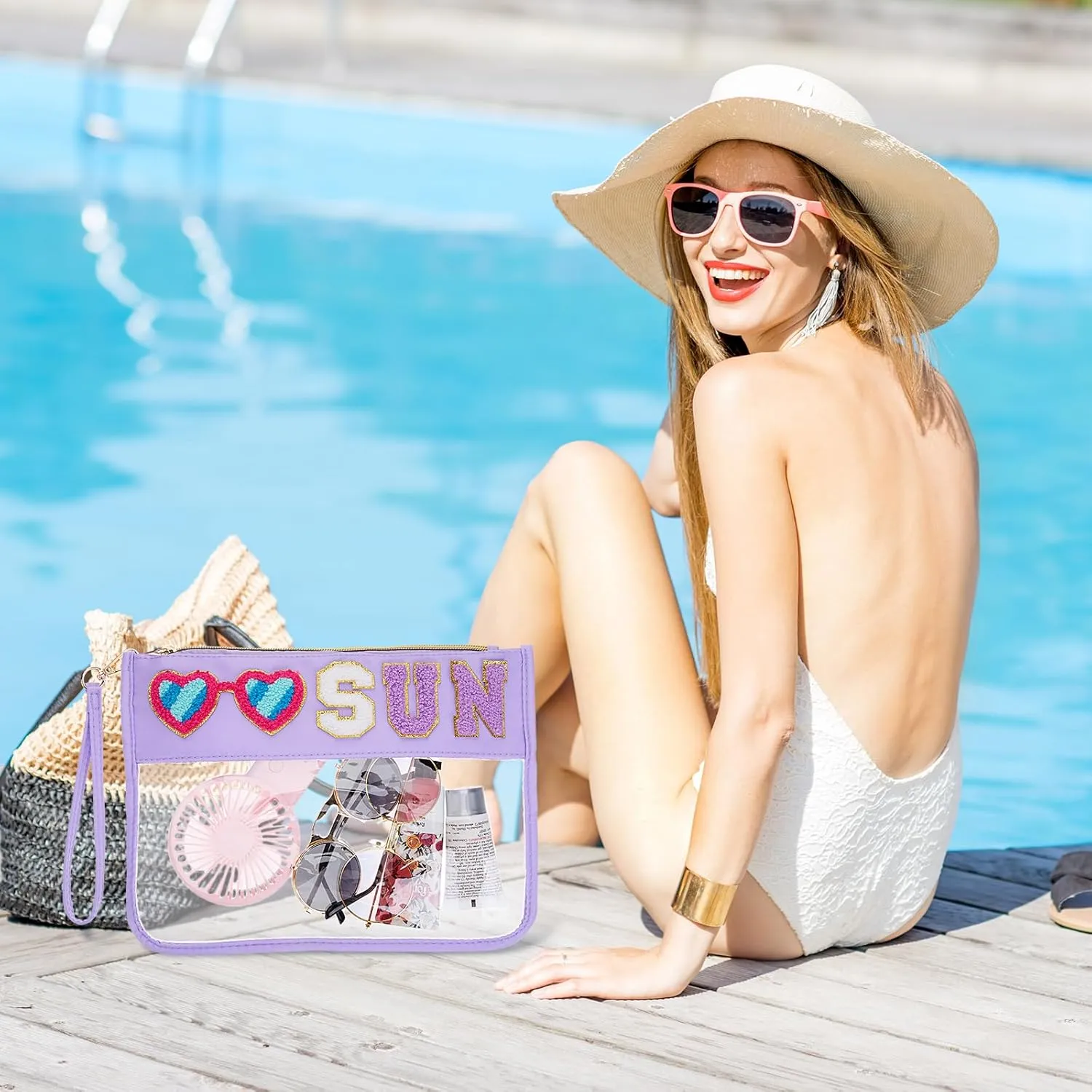 Kacctyen 6 Pcs Sun Bags Chenille Letter Makeup Bag Sun Clear Zipper Cosmetic Pouch Nylon Waterproof Toiletry Pouch with Handle for Summer Beach Gym Pool Swimming Travel Women Girls(Multicolor,sun)