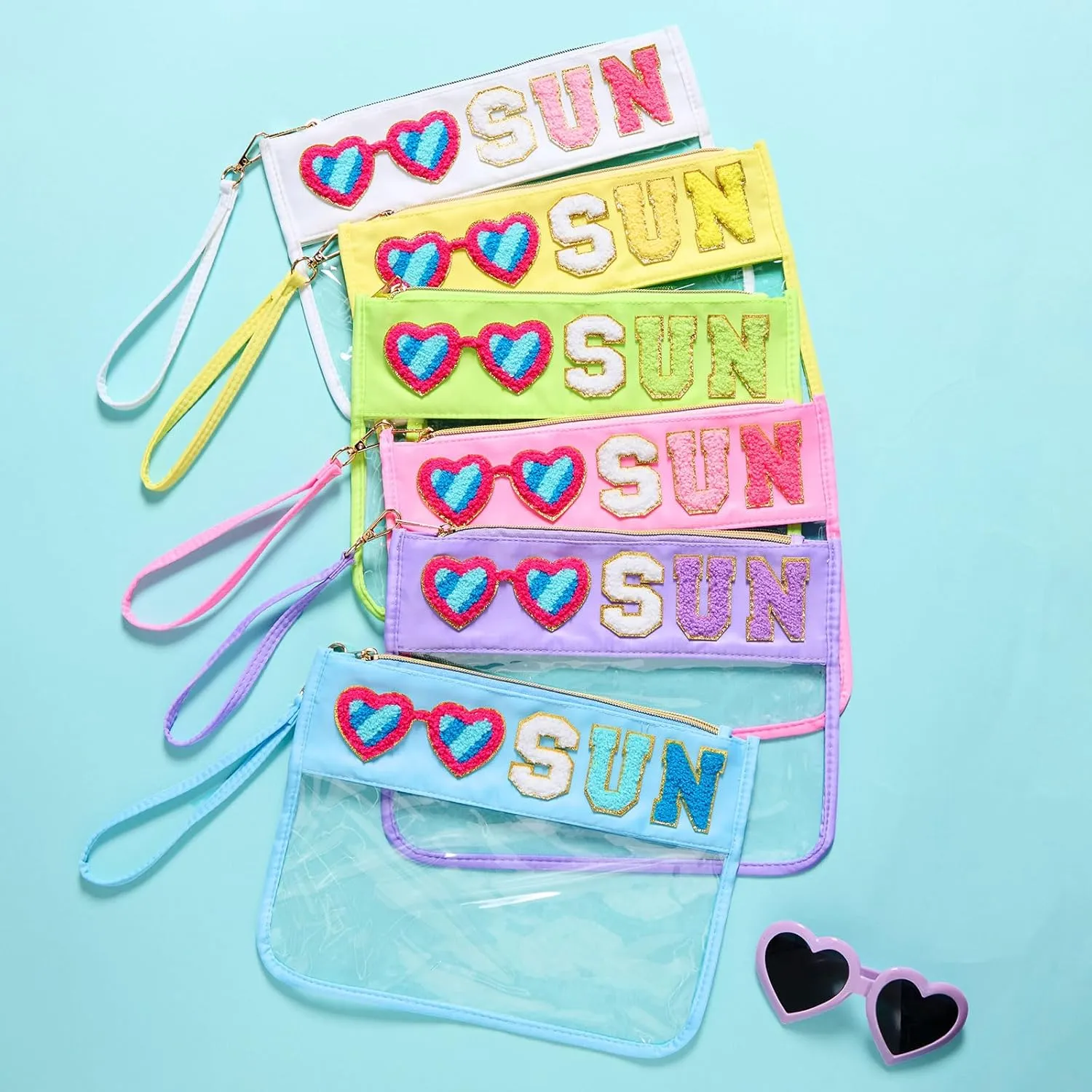 Kacctyen 6 Pcs Sun Bags Chenille Letter Makeup Bag Sun Clear Zipper Cosmetic Pouch Nylon Waterproof Toiletry Pouch with Handle for Summer Beach Gym Pool Swimming Travel Women Girls(Multicolor,sun)