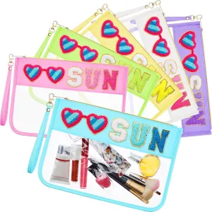 Kacctyen 6 Pcs Sun Bags Chenille Letter Makeup Bag Sun Clear Zipper Cosmetic Pouch Nylon Waterproof Toiletry Pouch with Handle for Summer Beach Gym Pool Swimming Travel Women Girls(Multicolor,sun)