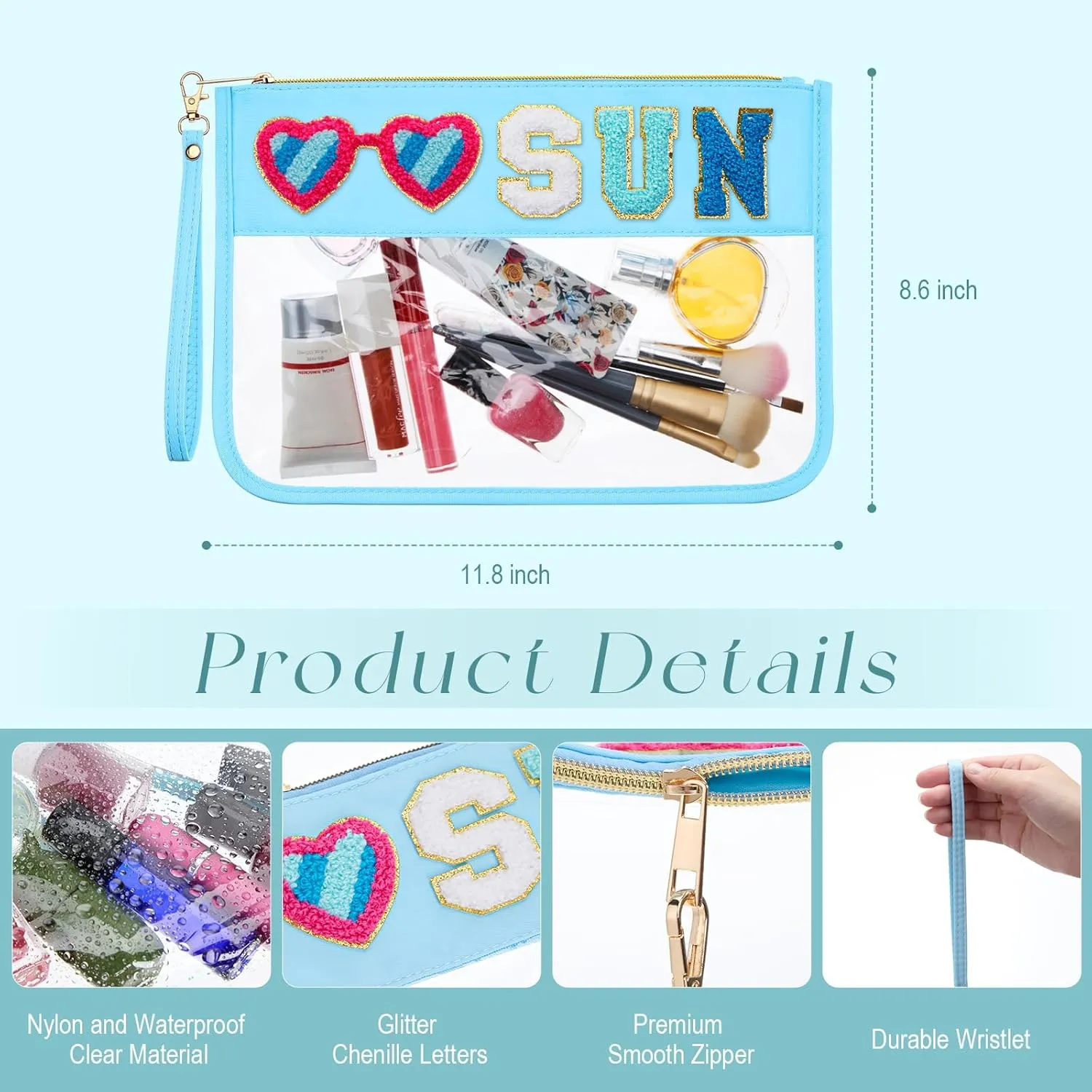 Kacctyen 6 Pcs Sun Bags Chenille Letter Makeup Bag Sun Clear Zipper Cosmetic Pouch Nylon Waterproof Toiletry Pouch with Handle for Summer Beach Gym Pool Swimming Travel Women Girls(Multicolor,sun)