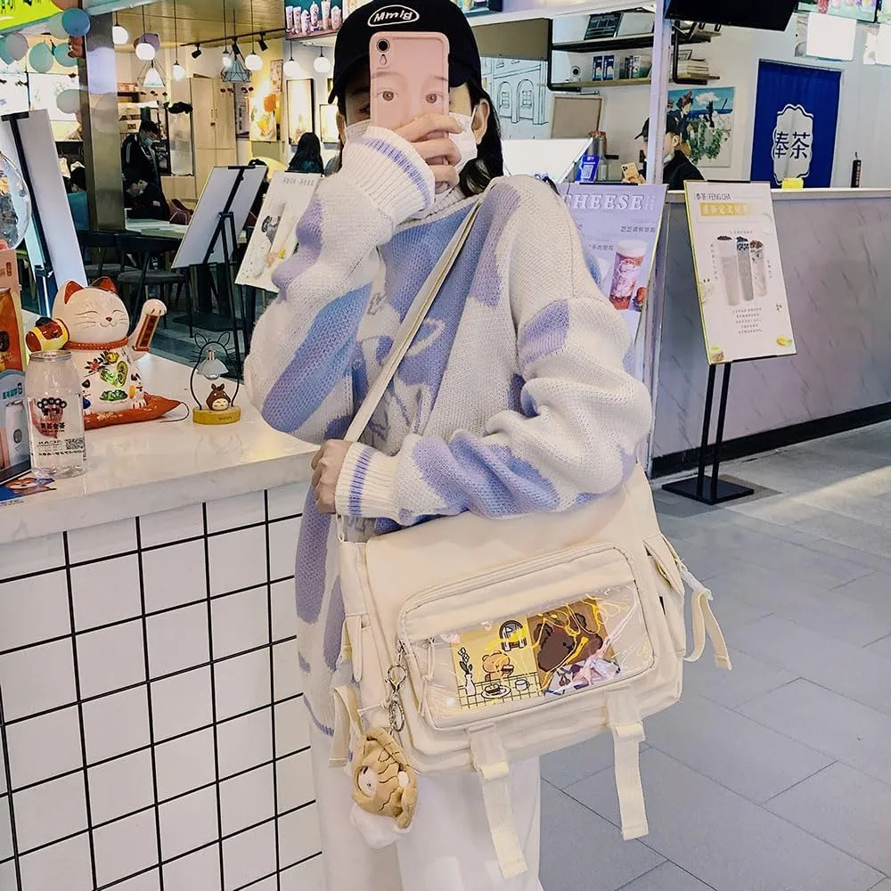 Kawaii Crossbody Bag with cute Pin and Pendant, Lightweight Japanese Messenger Bags Y2K Shoulder Bag for Women Men
