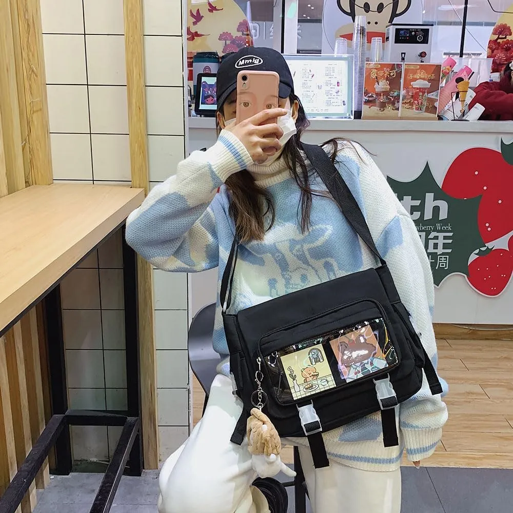 Kawaii Crossbody Bag with cute Pin and Pendant, Lightweight Japanese Messenger Bags Y2K Shoulder Bag for Women Men