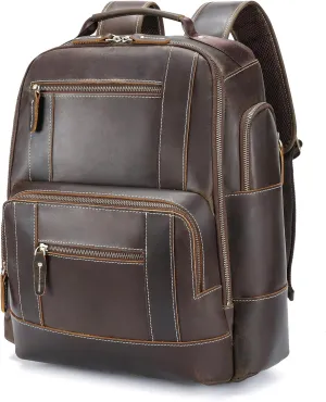 LANNSYNE Full Grain Leather Backpack For Men Fits 17" Laptop, Casual Rucksack For Business Travel Hiking Camping Overnight, YKK Zippers