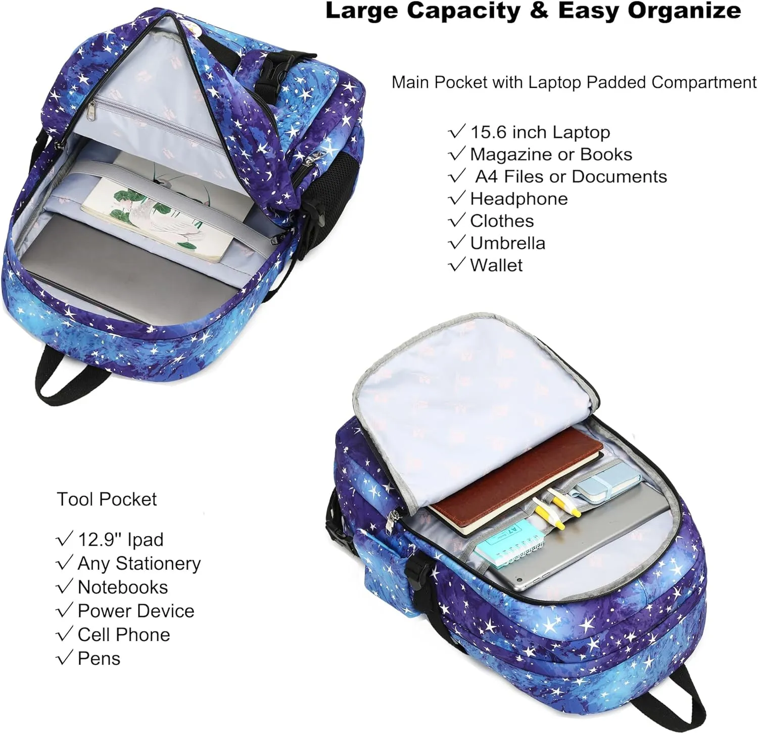 Laptop Backpacks 15.6 Inch College Backpack Elementary Middle High School Book Bag Cute Kids Bookbags Anti Theft Travel Back Pack Casual Daypack for Teens Girls Women Students (Galaxy Blue)