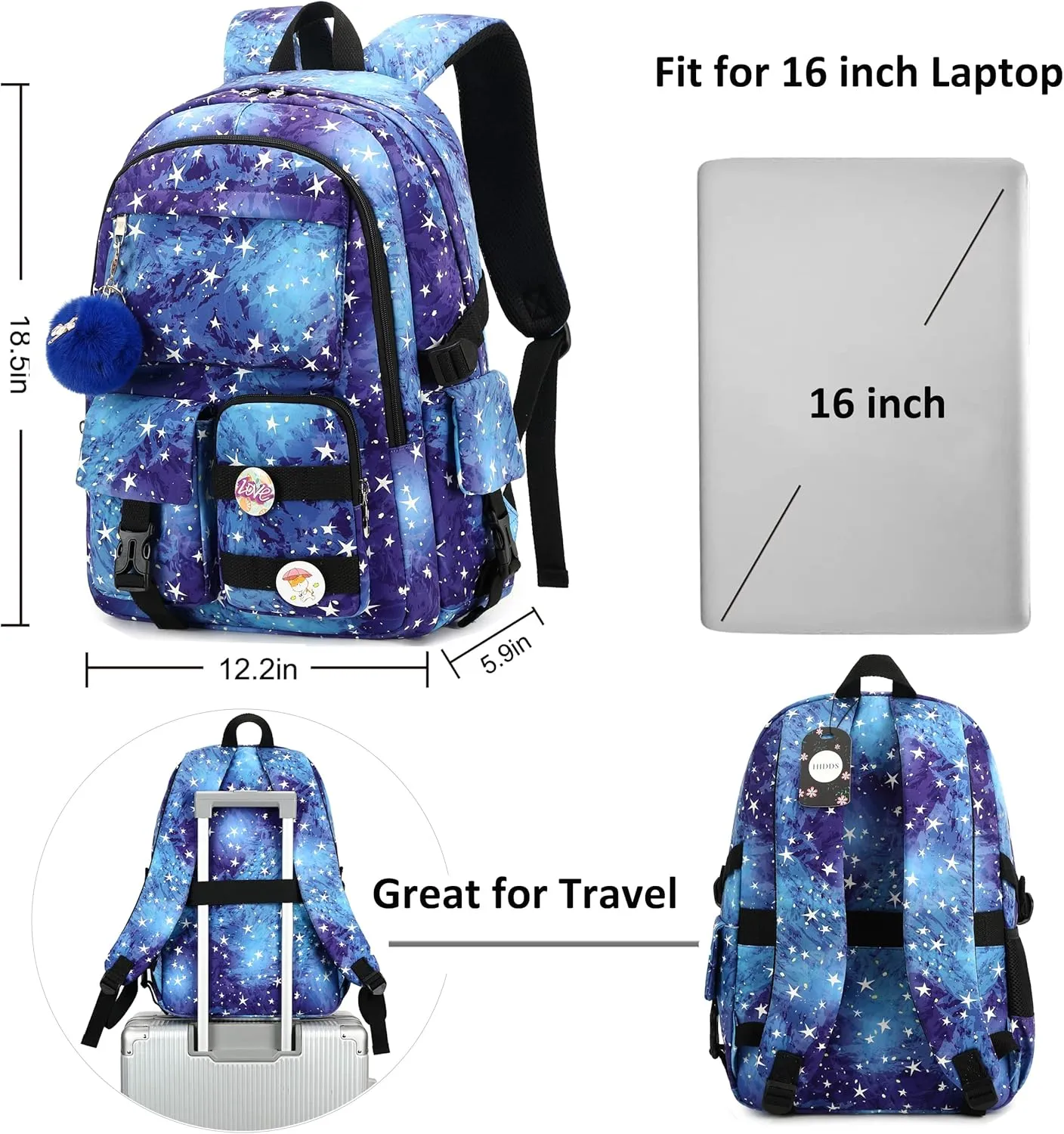 Laptop Backpacks 15.6 Inch College Backpack Elementary Middle High School Book Bag Cute Kids Bookbags Anti Theft Travel Back Pack Casual Daypack for Teens Girls Women Students (Galaxy Blue)