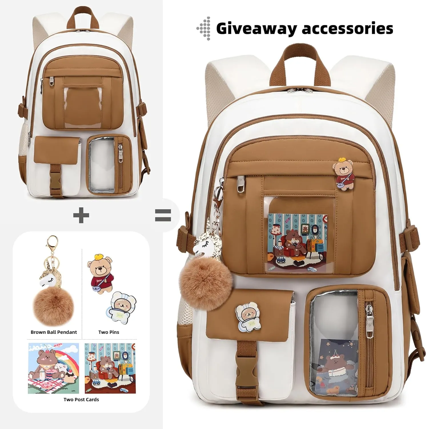 Laptop Backpacks 16 Inch School Bag College Backpack 3 PCS with Lunch Box Pencil Pouch Set Large Travel Daypack Kawaii Bookbags for Teens Girls Women Students (Beige Khaki)