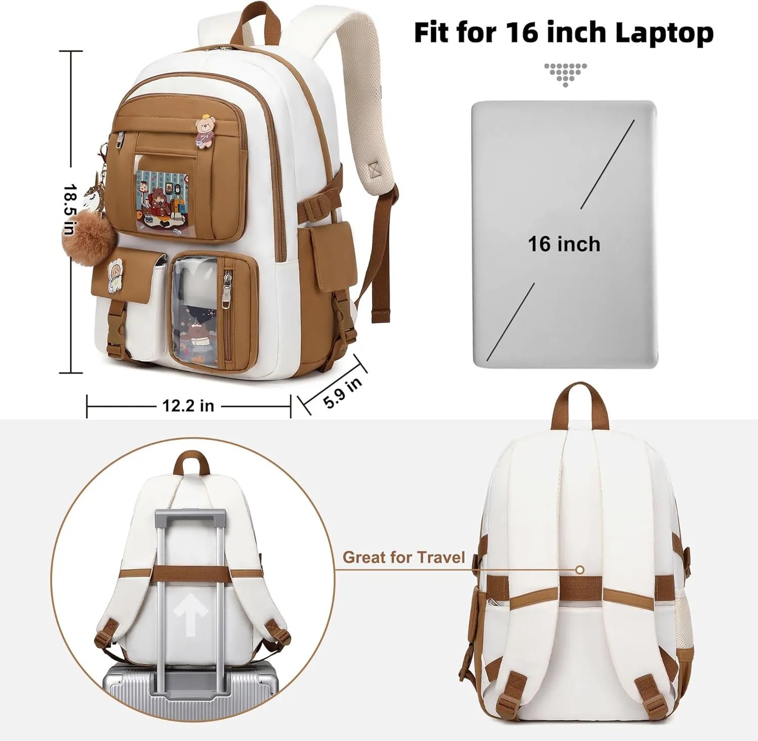 Laptop Backpacks 16 Inch School Bag College Backpack 3 PCS with Lunch Box Pencil Pouch Set Large Travel Daypack Kawaii Bookbags for Teens Girls Women Students (Beige Khaki)