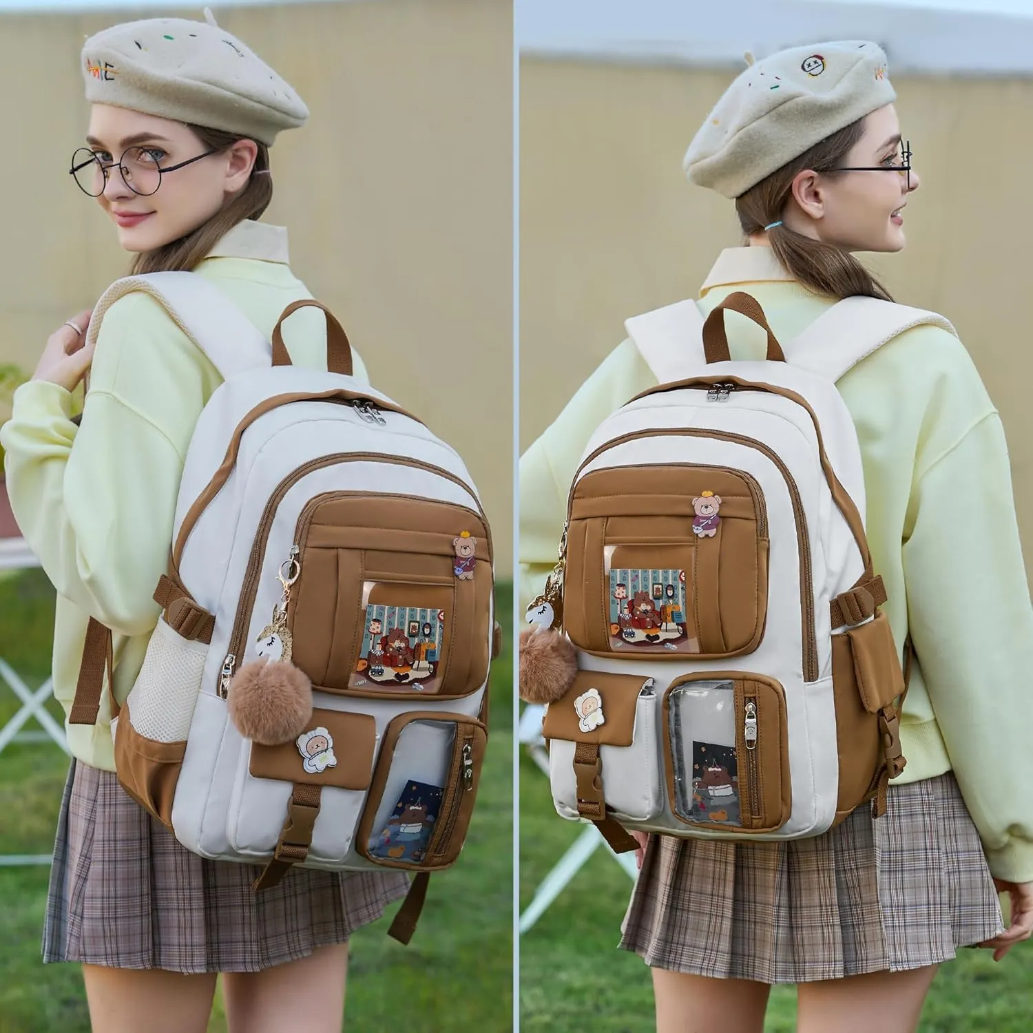 Laptop Backpacks 16 Inch School Bag College Backpack 3 PCS with Lunch Box Pencil Pouch Set Large Travel Daypack Kawaii Bookbags for Teens Girls Women Students (Beige Khaki)