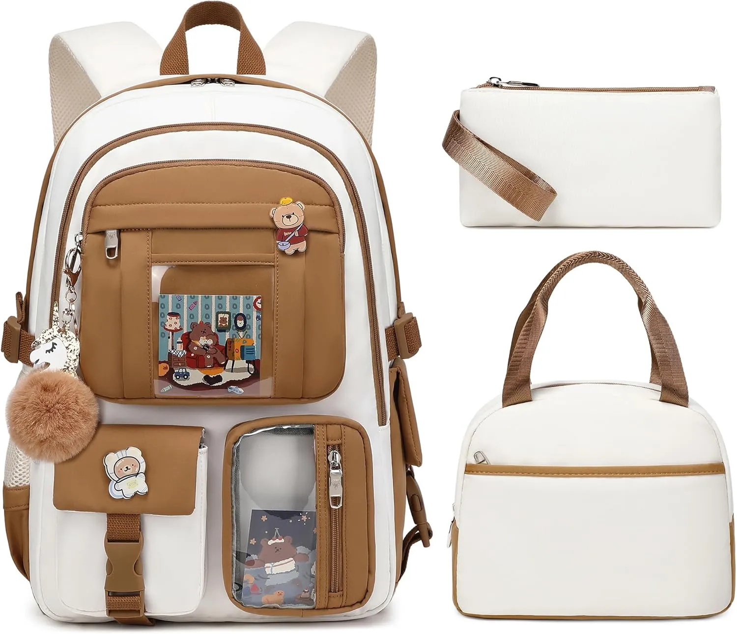 Laptop Backpacks 16 Inch School Bag College Backpack 3 PCS with Lunch Box Pencil Pouch Set Large Travel Daypack Kawaii Bookbags for Teens Girls Women Students (Beige Khaki)