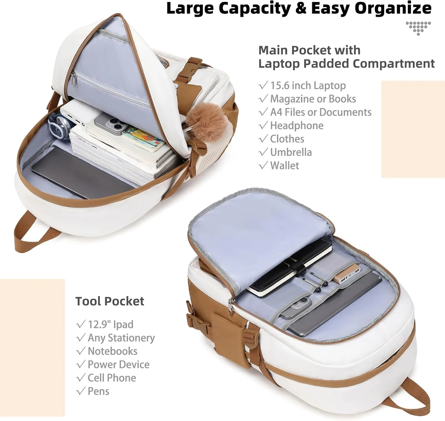 Laptop Backpacks 16 Inch School Bag College Backpack 3 PCS with Lunch Box Pencil Pouch Set Large Travel Daypack Kawaii Bookbags for Teens Girls Women Students (Beige Khaki)