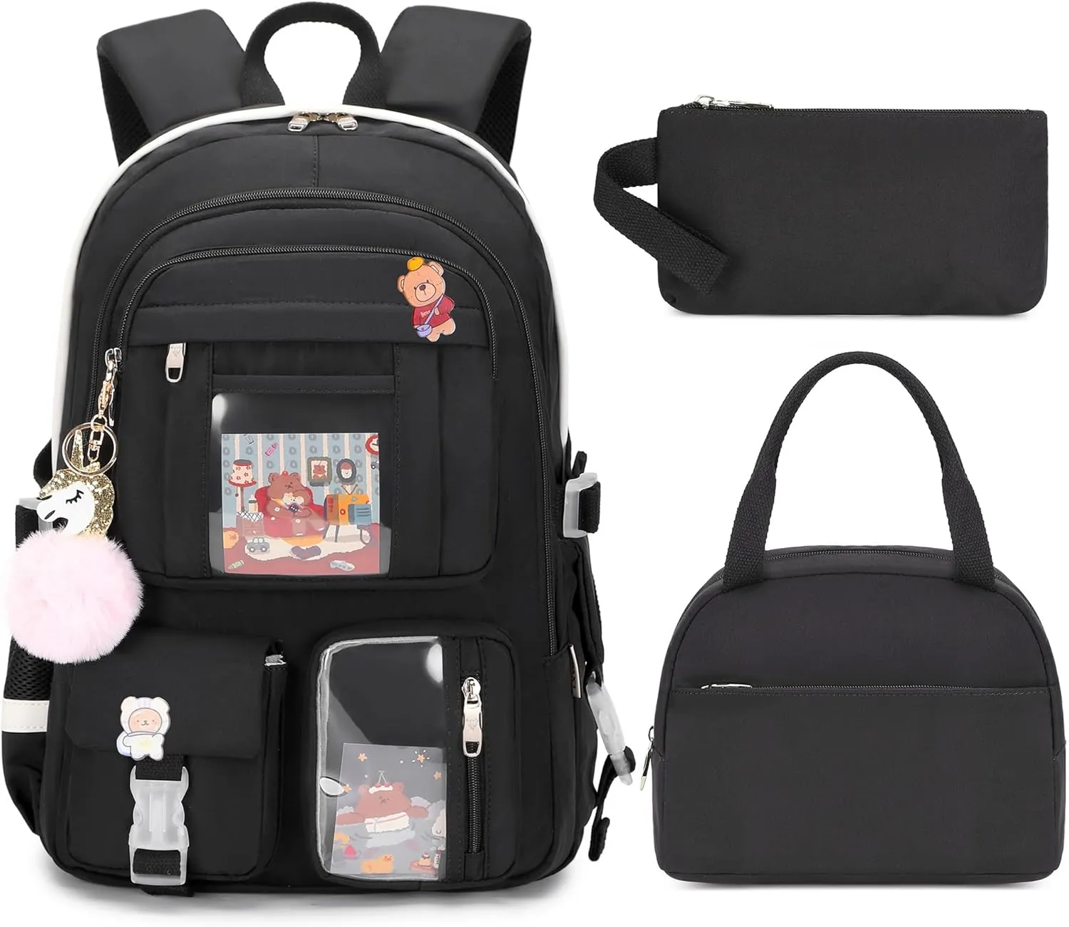 Laptop Backpacks 16 Inch School Bag College Backpack 3 PCS with Lunch Box Pencil Pouch Set Large Travel Daypack Kawaii Bookbags for Teens Girls Women Students (Black)