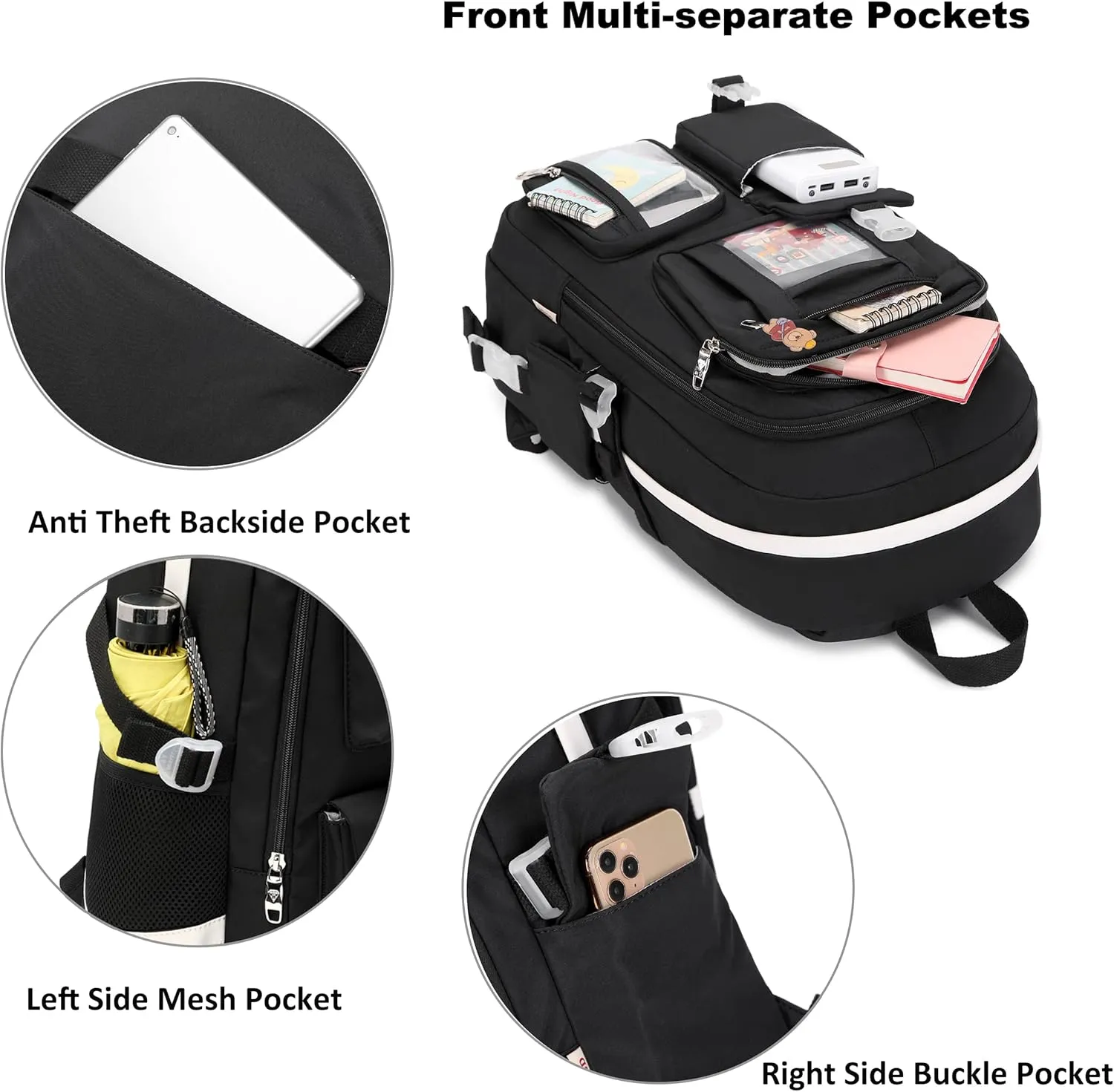 Laptop Backpacks 16 Inch School Bag College Backpack 3 PCS with Lunch Box Pencil Pouch Set Large Travel Daypack Kawaii Bookbags for Teens Girls Women Students (Black)