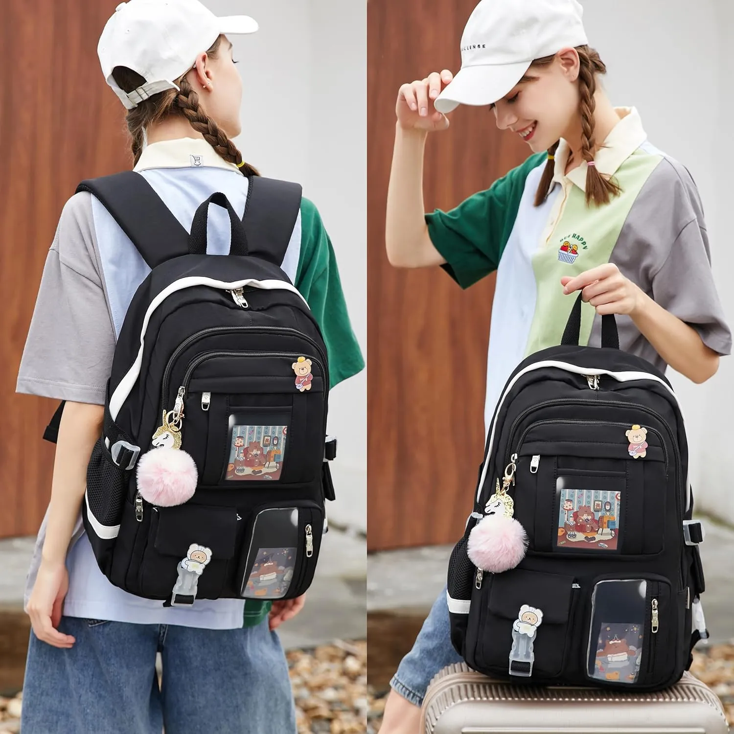 Laptop Backpacks 16 Inch School Bag College Backpack 3 PCS with Lunch Box Pencil Pouch Set Large Travel Daypack Kawaii Bookbags for Teens Girls Women Students (Black)