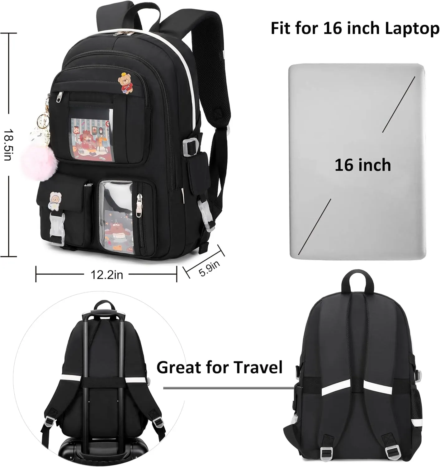 Laptop Backpacks 16 Inch School Bag College Backpack 3 PCS with Lunch Box Pencil Pouch Set Large Travel Daypack Kawaii Bookbags for Teens Girls Women Students (Black)