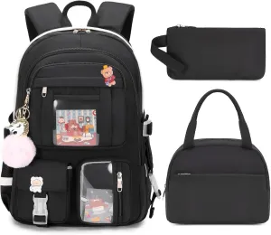 Laptop Backpacks 16 Inch School Bag College Backpack 3 PCS with Lunch Box Pencil Pouch Set Large Travel Daypack Kawaii Bookbags for Teens Girls Women Students (Black)