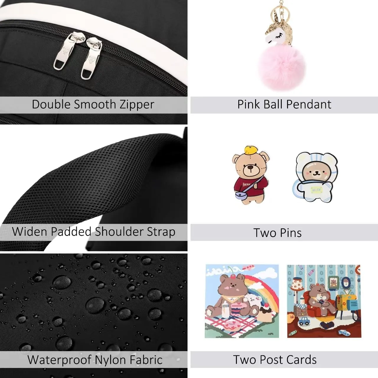 Laptop Backpacks 16 Inch School Bag College Backpack 3 PCS with Lunch Box Pencil Pouch Set Large Travel Daypack Kawaii Bookbags for Teens Girls Women Students (Black)