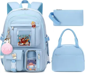Laptop Backpacks 16 Inch School Bag College Backpack 3 PCS with Lunch Box Pencil Pouch Set Large Travel Daypack Kawaii Bookbags for Teens Girls Women Students (Blue)