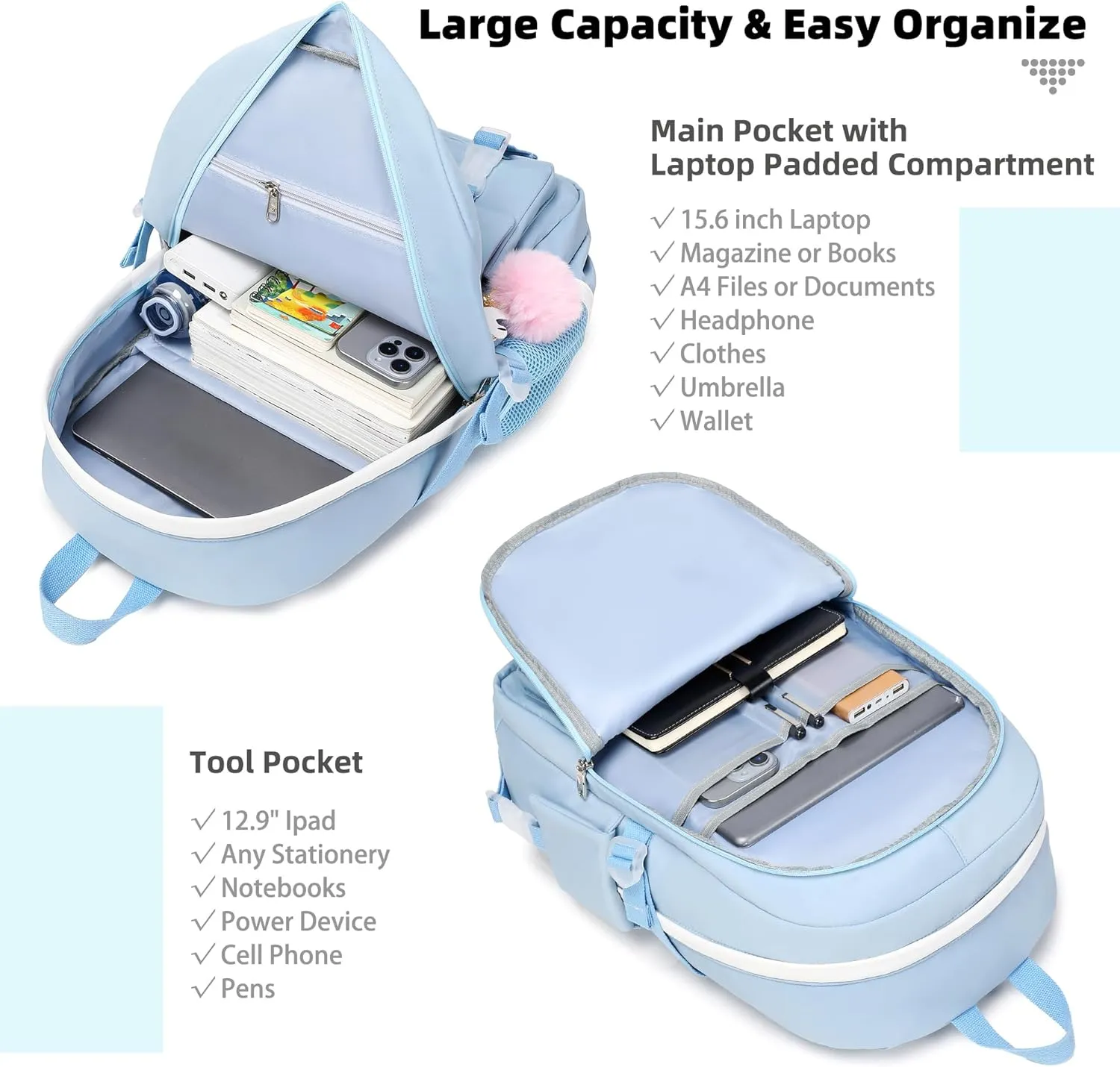 Laptop Backpacks 16 Inch School Bag College Backpack 3 PCS with Lunch Box Pencil Pouch Set Large Travel Daypack Kawaii Bookbags for Teens Girls Women Students (Blue)