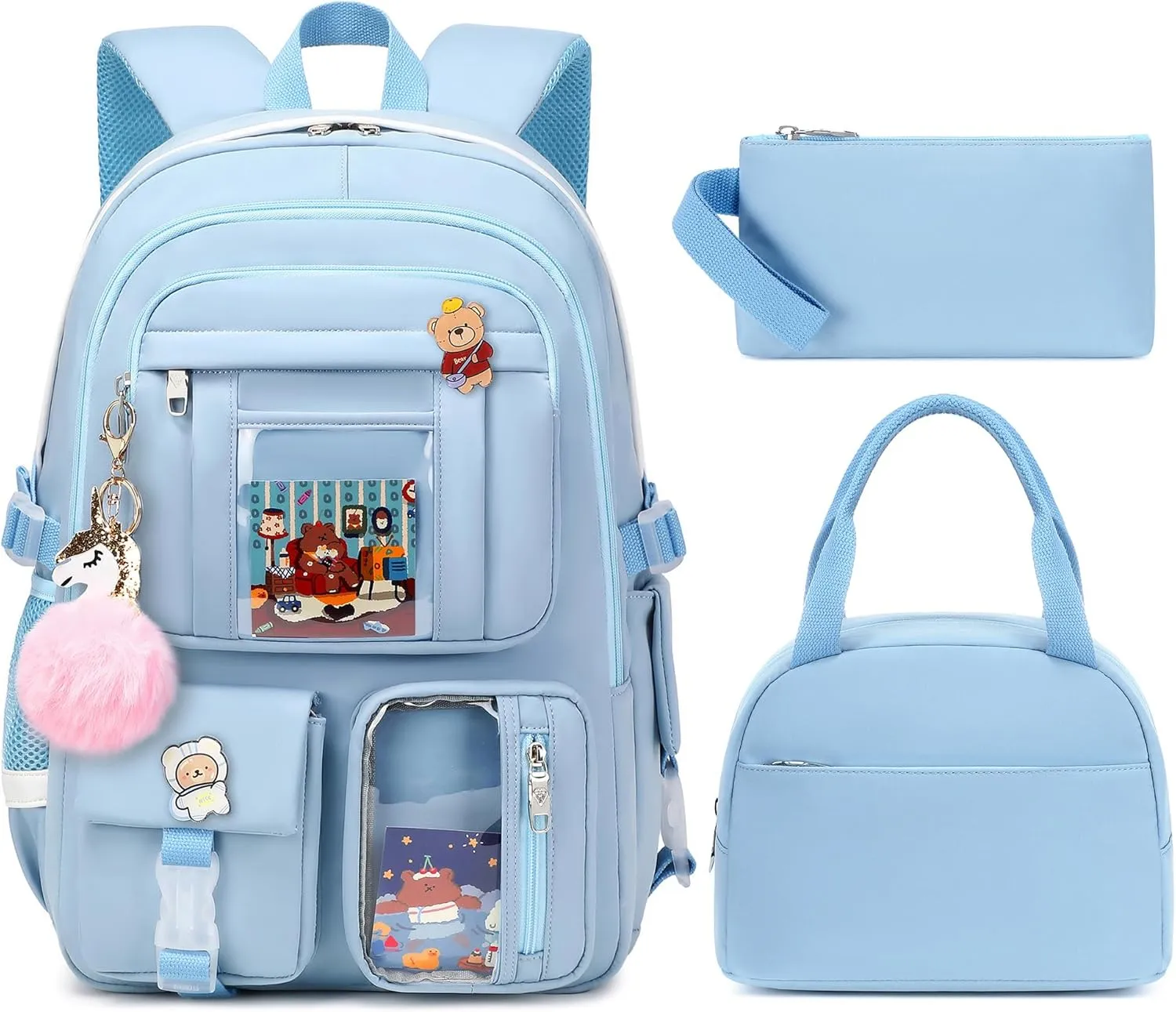 Laptop Backpacks 16 Inch School Bag College Backpack 3 PCS with Lunch Box Pencil Pouch Set Large Travel Daypack Kawaii Bookbags for Teens Girls Women Students (Blue)
