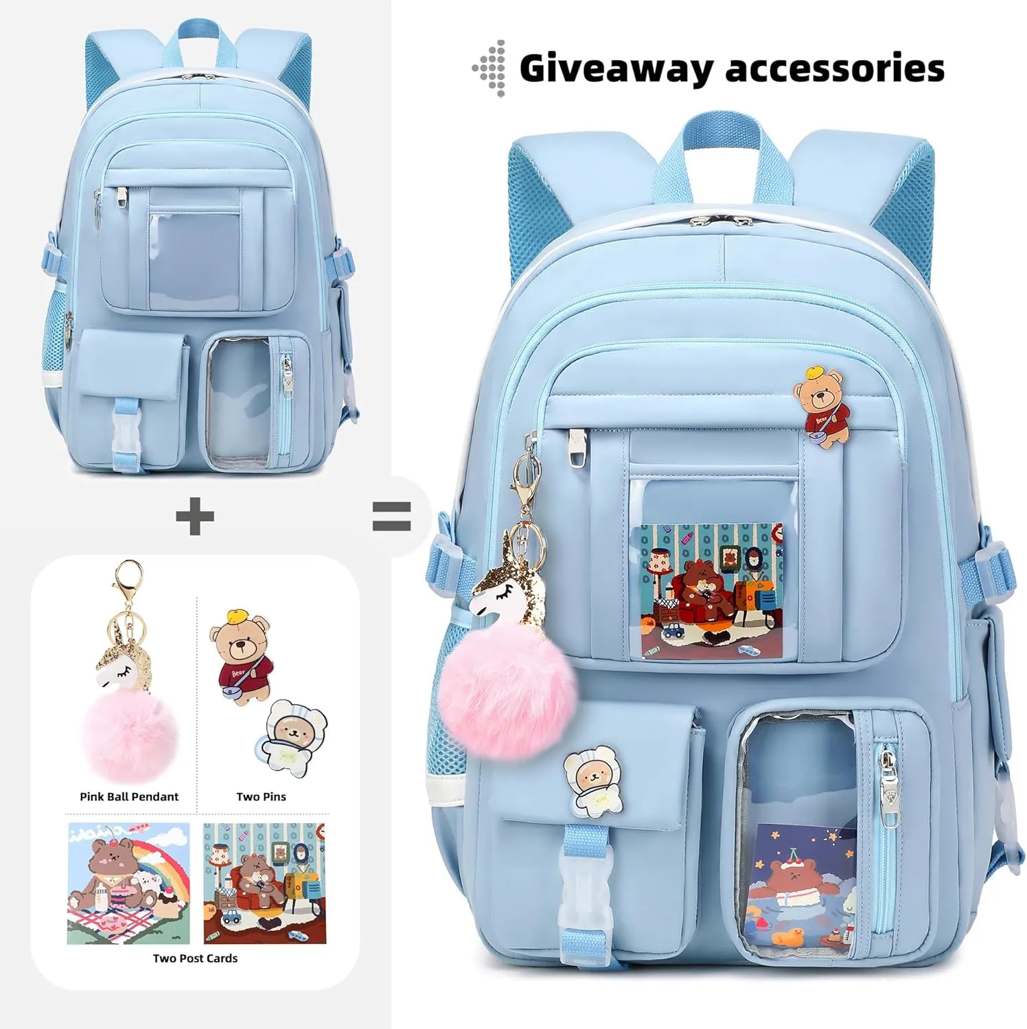 Laptop Backpacks 16 Inch School Bag College Backpack 3 PCS with Lunch Box Pencil Pouch Set Large Travel Daypack Kawaii Bookbags for Teens Girls Women Students (Blue)
