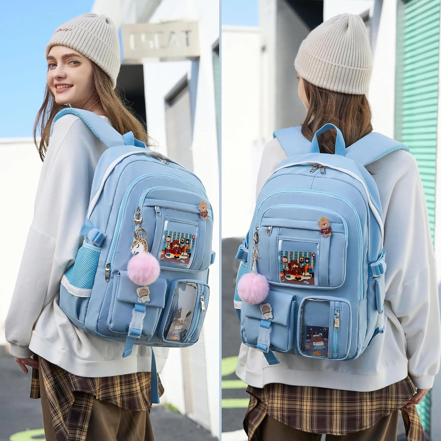Laptop Backpacks 16 Inch School Bag College Backpack 3 PCS with Lunch Box Pencil Pouch Set Large Travel Daypack Kawaii Bookbags for Teens Girls Women Students (Blue)