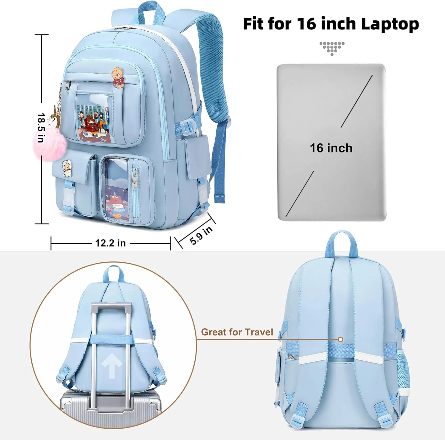 Laptop Backpacks 16 Inch School Bag College Backpack 3 PCS with Lunch Box Pencil Pouch Set Large Travel Daypack Kawaii Bookbags for Teens Girls Women Students (Blue)