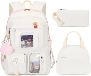 Laptop Backpacks 16 Inch School Bag College Backpack 3 PCS with Lunch Box Pencil Pouch Set Large Travel Daypack Kawaii Bookbags for Teens Girls Women Students (Off-white)