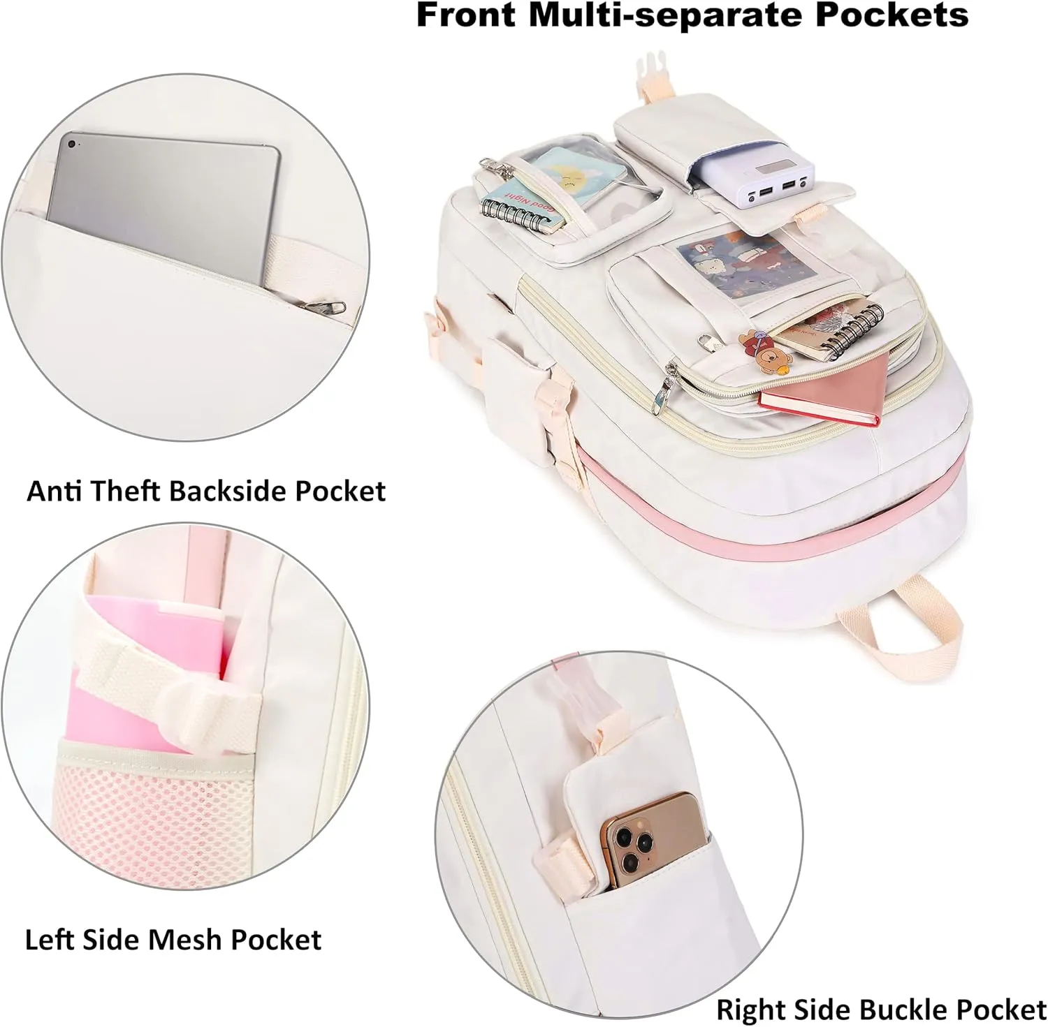 Laptop Backpacks 16 Inch School Bag College Backpack 3 PCS with Lunch Box Pencil Pouch Set Large Travel Daypack Kawaii Bookbags for Teens Girls Women Students (Off-white)