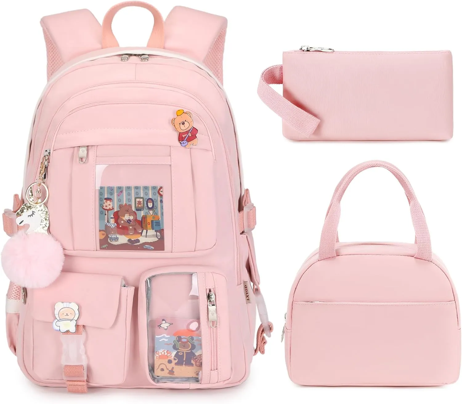 Laptop Backpacks 16 Inch School Bag College Backpack 3 PCS with Lunch Box Pencil Pouch Set Large Travel Daypack Kawaii Bookbags for Teens Girls Women Students (Pink)
