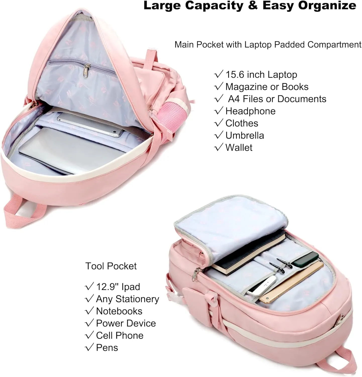 Laptop Backpacks 16 Inch School Bag College Backpack 3 PCS with Lunch Box Pencil Pouch Set Large Travel Daypack Kawaii Bookbags for Teens Girls Women Students (Pink)