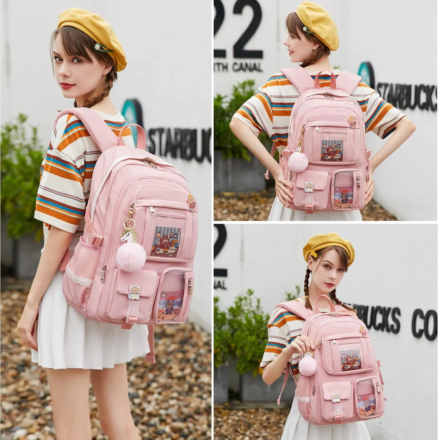 Laptop Backpacks 16 Inch School Bag College Backpack 3 PCS with Lunch Box Pencil Pouch Set Large Travel Daypack Kawaii Bookbags for Teens Girls Women Students (Pink)