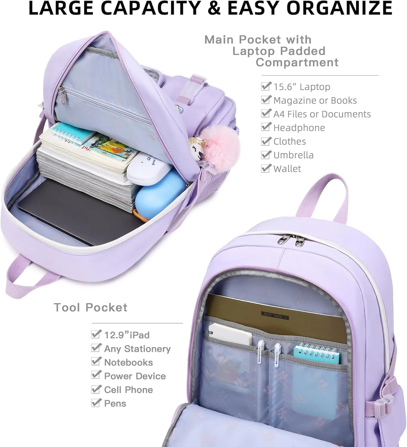 Laptop Backpacks 16 Inch School Bag College Backpack 3 PCS with Lunch Box Pencil Pouch Set Large Travel Daypack Kawaii Bookbags for Teens Girls Women Students (Purple)
