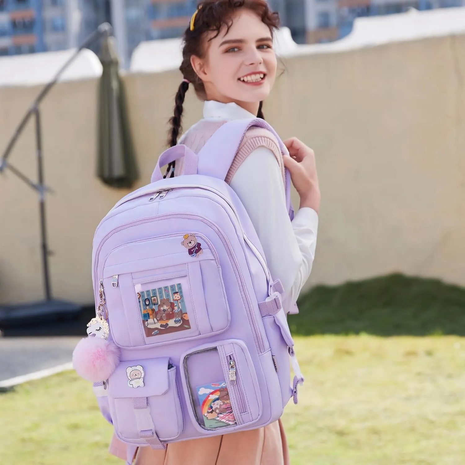 Laptop Backpacks 16 Inch School Bag College Backpack 3 PCS with Lunch Box Pencil Pouch Set Large Travel Daypack Kawaii Bookbags for Teens Girls Women Students (Purple)