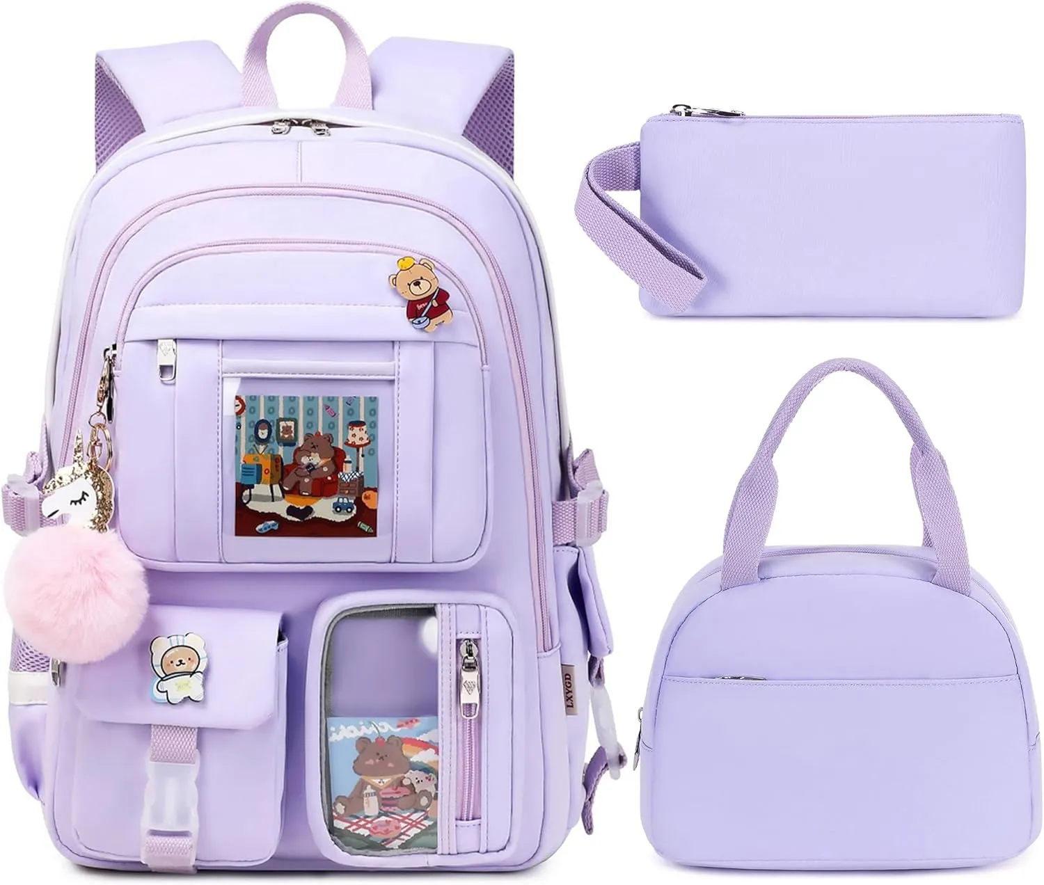 Laptop Backpacks 16 Inch School Bag College Backpack 3 PCS with Lunch Box Pencil Pouch Set Large Travel Daypack Kawaii Bookbags for Teens Girls Women Students (Purple)
