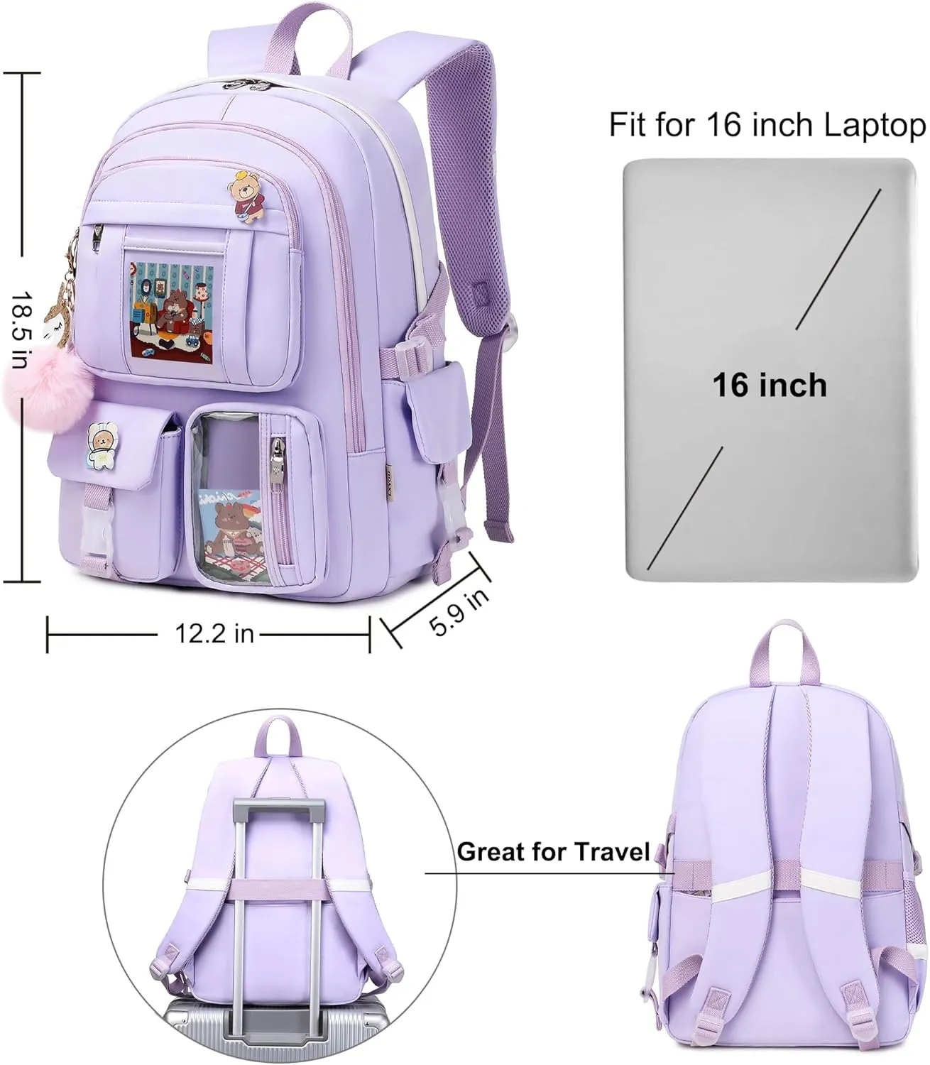 Laptop Backpacks 16 Inch School Bag College Backpack 3 PCS with Lunch Box Pencil Pouch Set Large Travel Daypack Kawaii Bookbags for Teens Girls Women Students (Purple)