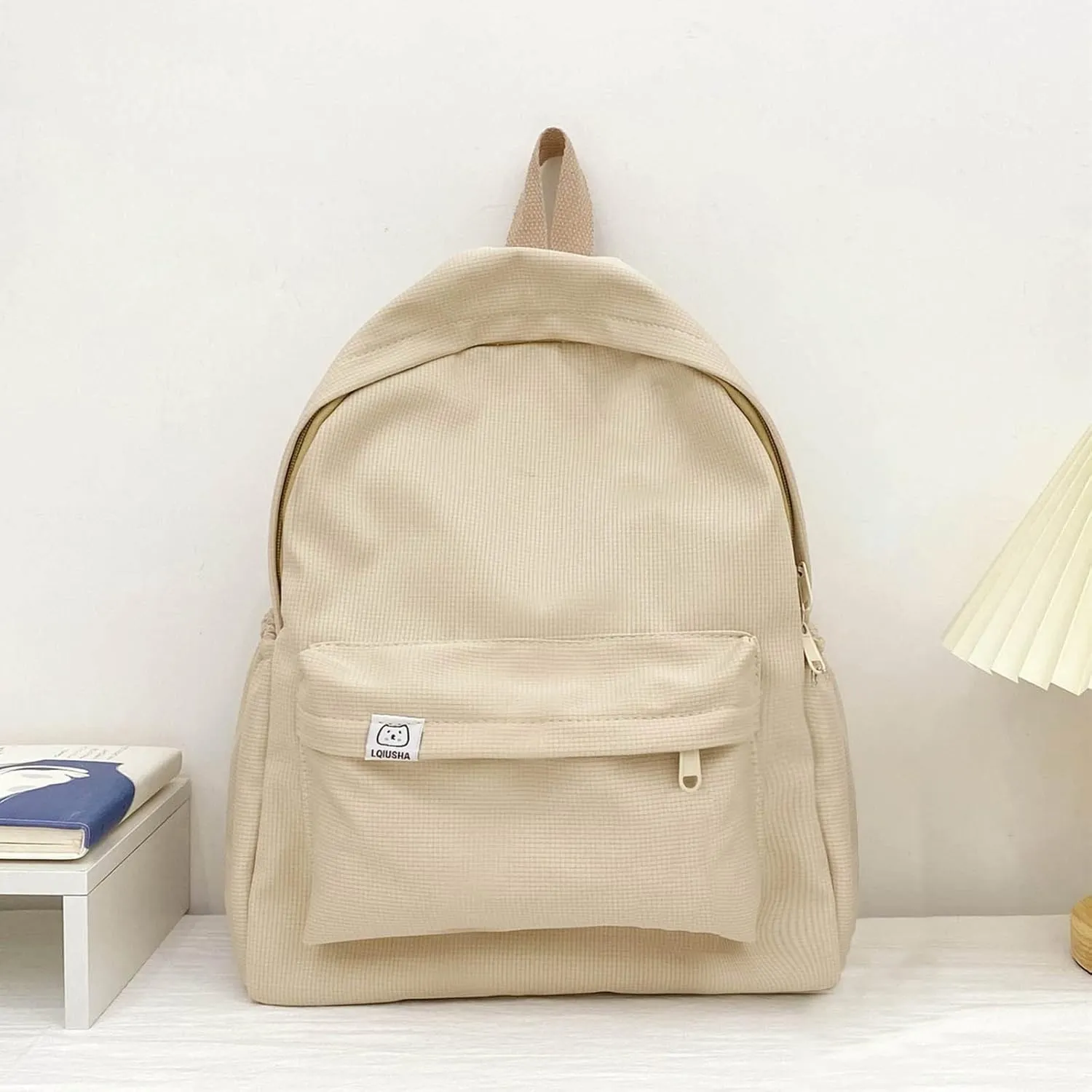 Leather Travel Backpack for Women Casual Daypack with Anti-Theft Back Pocket Fashion Faux Work Travel Handbags(Beige)