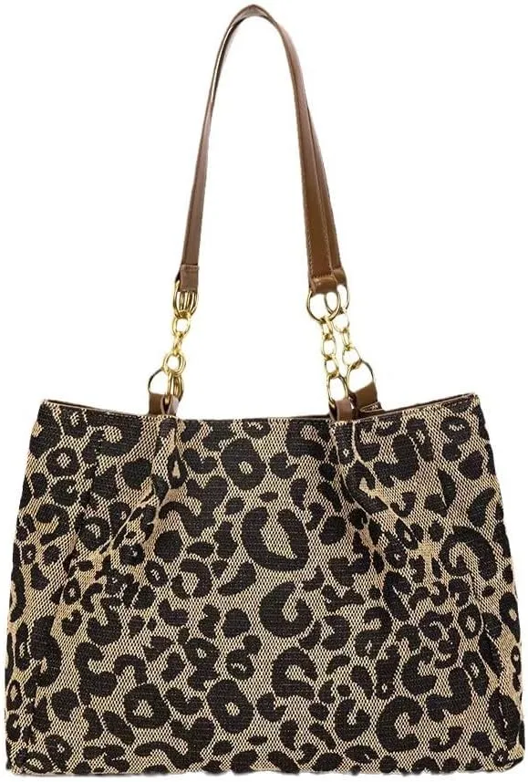 Leopard Print Hobo Handbag for Women, PU Leather Tote, Slouchy Shoulder Bag with Zipper